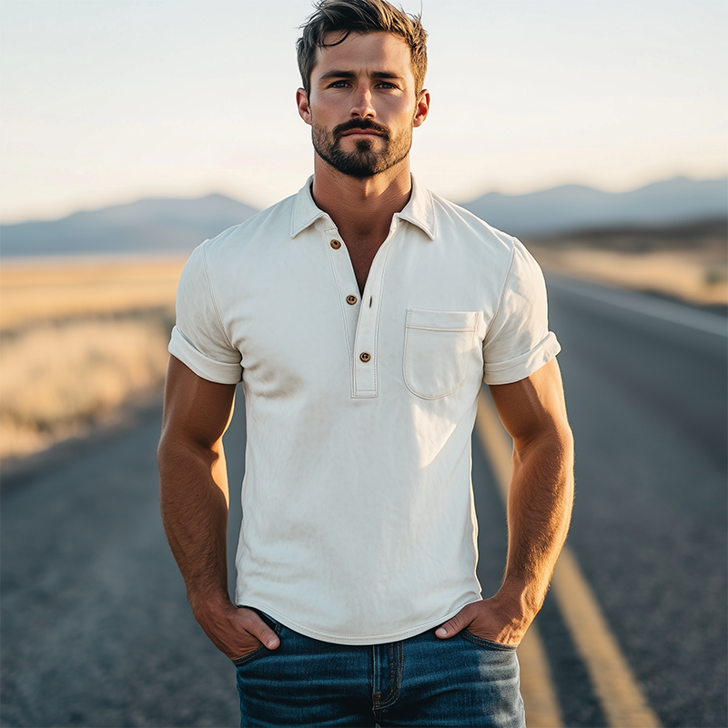 John | Men's Spring Fashion Retro Western Style Suede Short Sleeve Polo Shirt