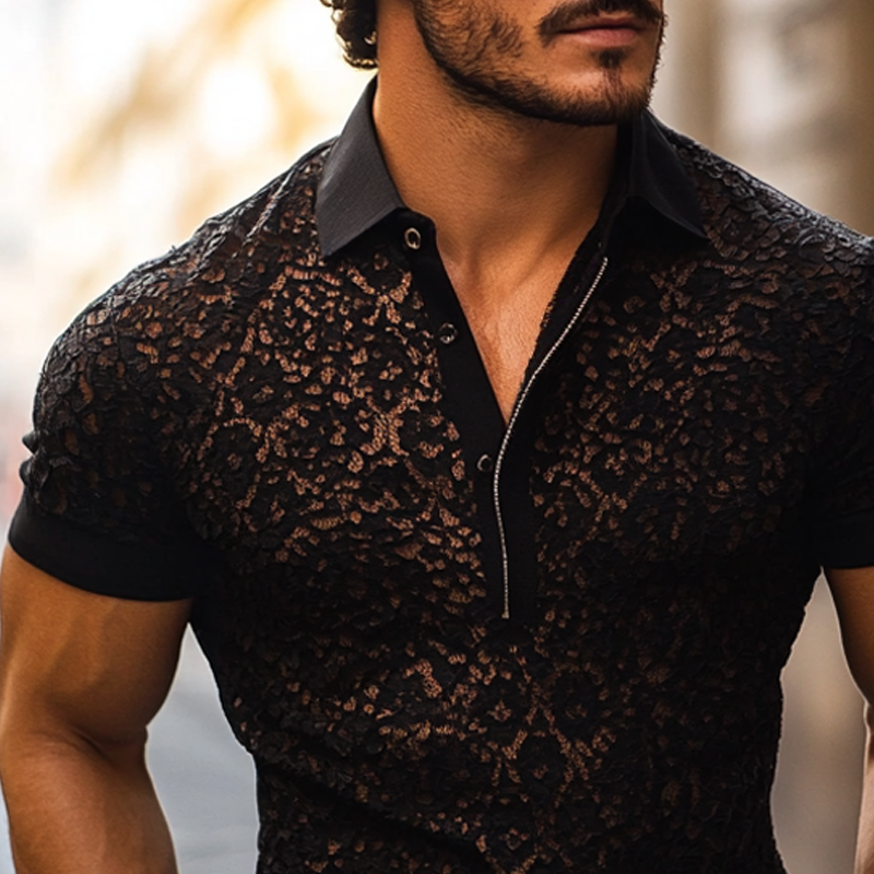 John | Men's Fashion Lace Lapel Short Sleeve Casual Polo Shirt