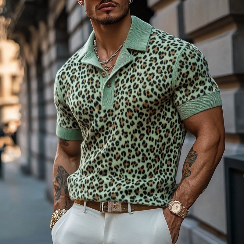 John | Men's Fashion Leopard Print Knitted Short-sleeved Polo Shirt