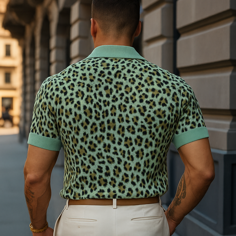 John | Men's Fashion Leopard Print Knitted Short-sleeved Polo Shirt