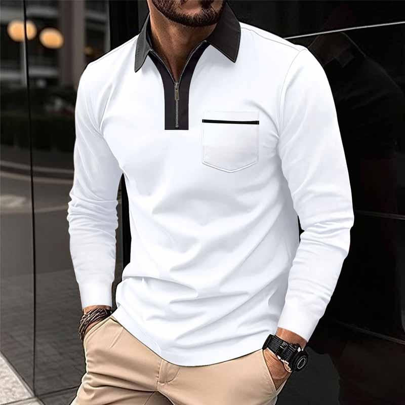 John | Men's Color Block Pocket Long Sleeve POLO Shirt