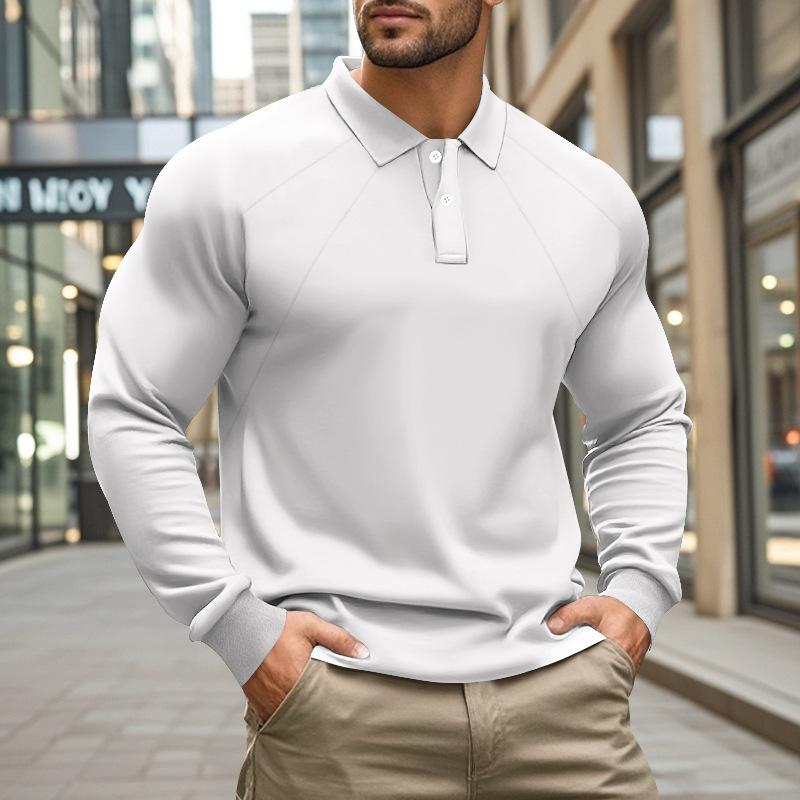 John | Men's Casual Solid Color Lapel Raglan Long Sleeve Polo Shirt