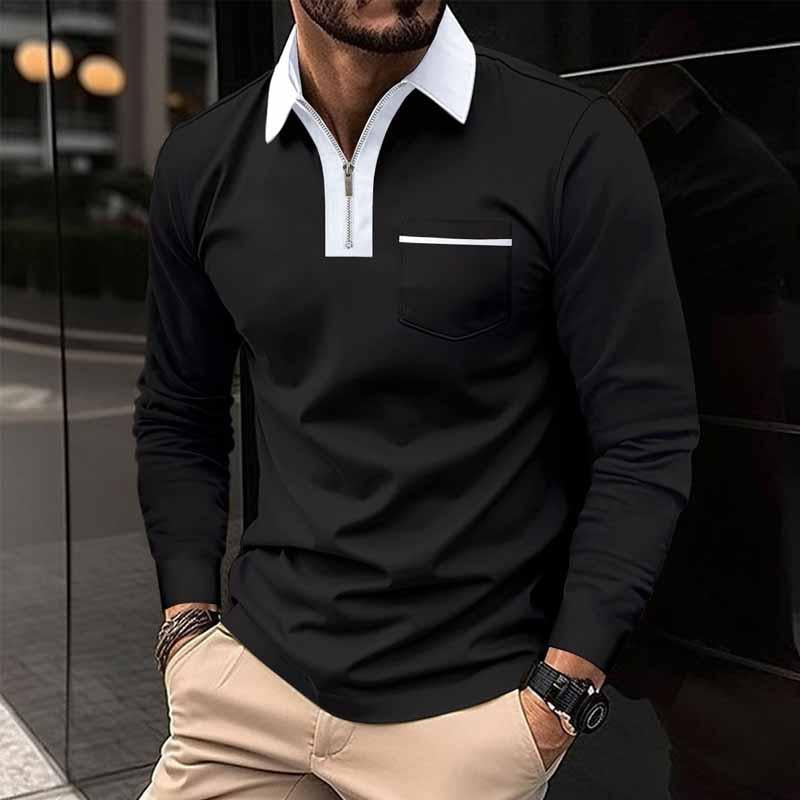 John | Men's Color Block Pocket Long Sleeve POLO Shirt