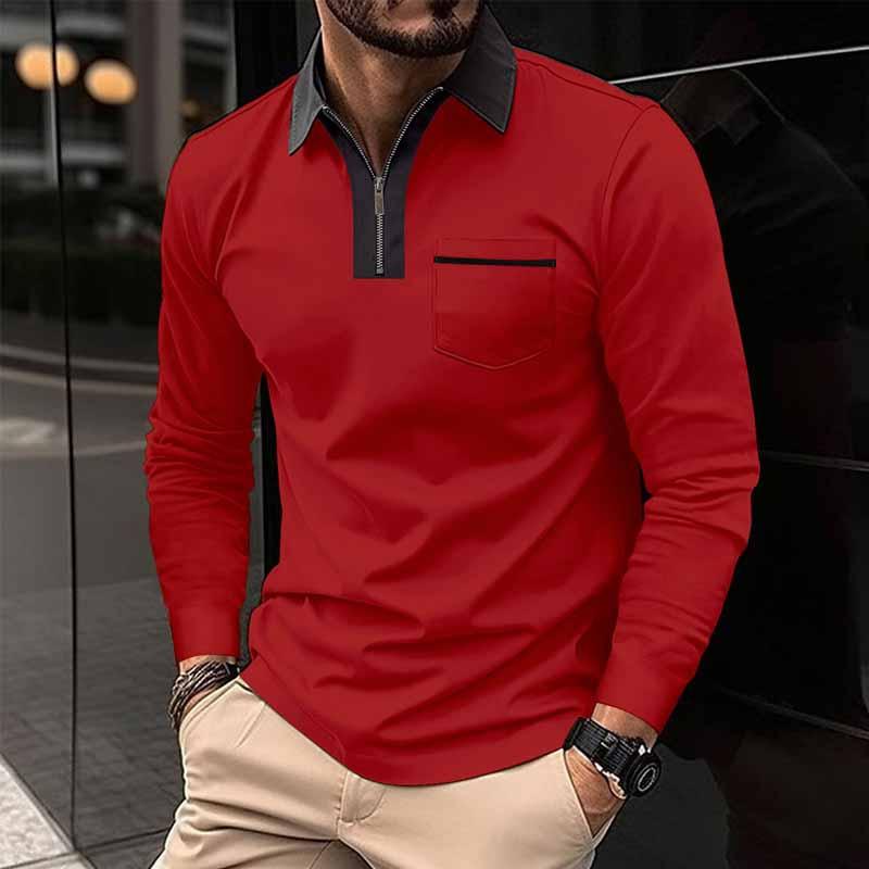 John | Men's Color Block Pocket Long Sleeve POLO Shirt