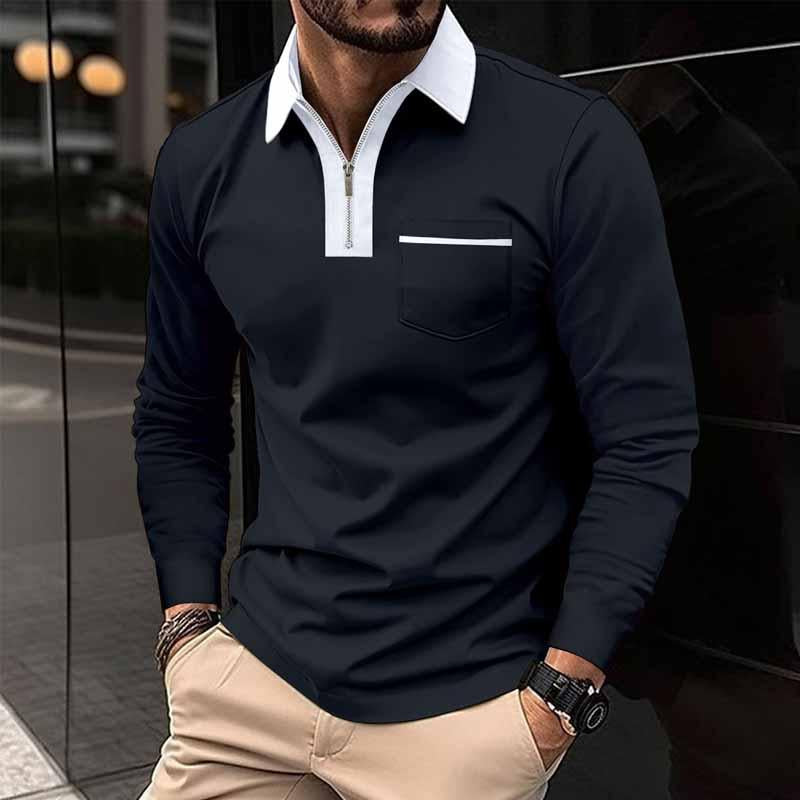 John | Men's Color Block Pocket Long Sleeve POLO Shirt