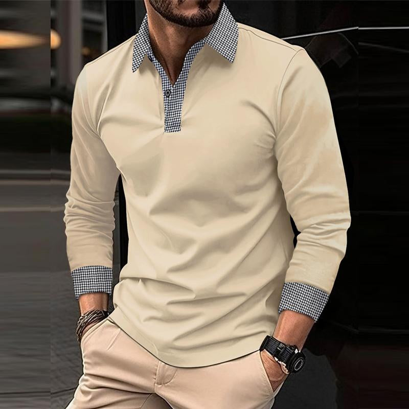 John | Men's Casual Plaid Patchwork Long-Sleeved Polo Shirt