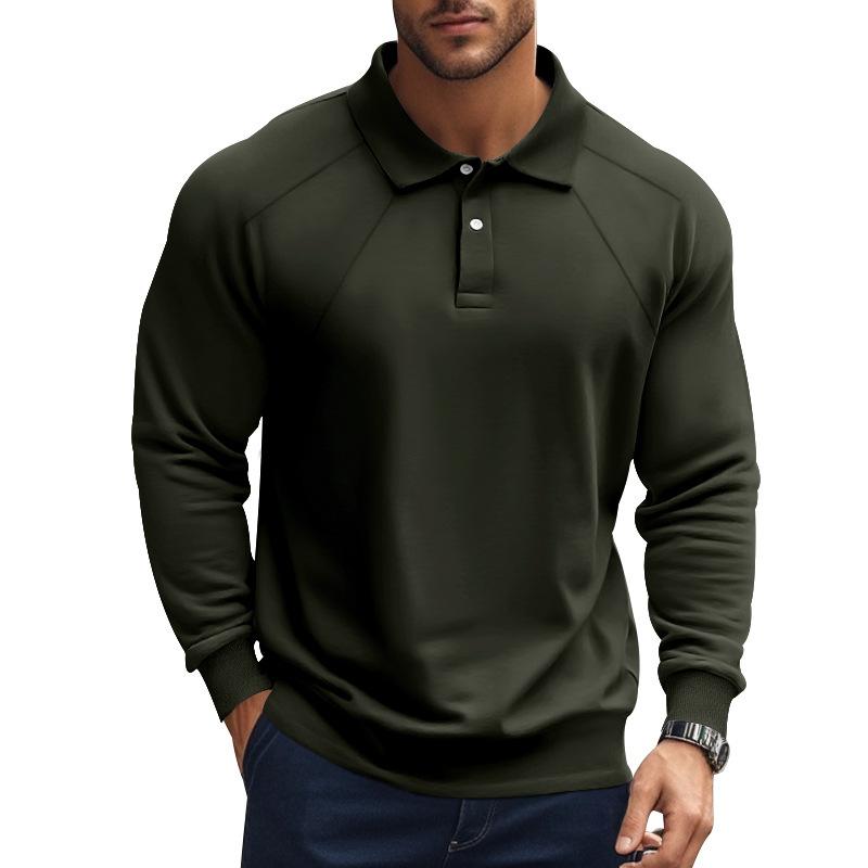 John | Men's Casual Solid Color Lapel Raglan Long Sleeve Polo Shirt