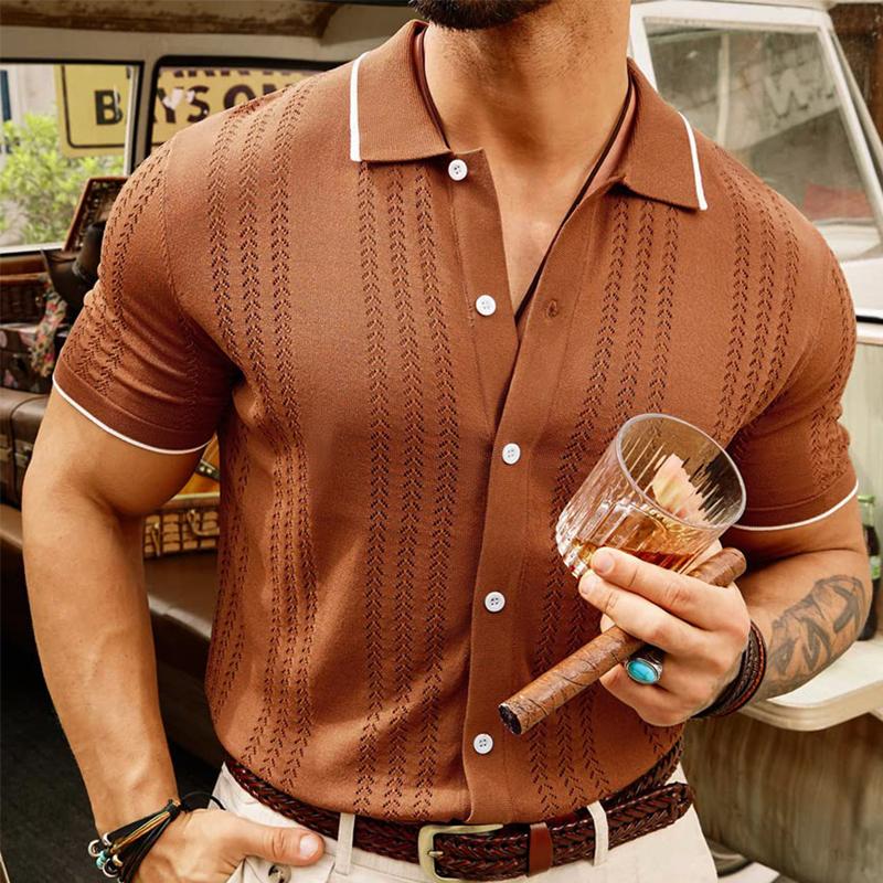 John | Men's Lapel Contrast Color Single-Breasted Sweater Polo Shirt
