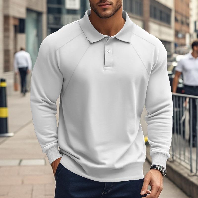 John | Men's Casual Solid Color Lapel Raglan Long Sleeve Polo Shirt