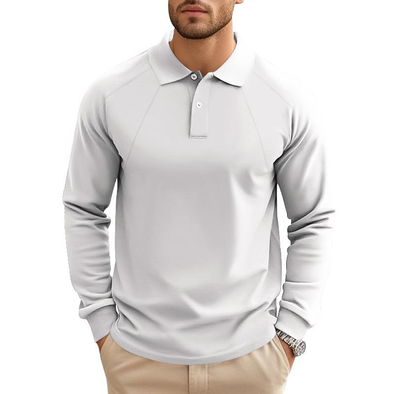 John | Men's Casual Solid Color Lapel Raglan Long Sleeve Polo Shirt