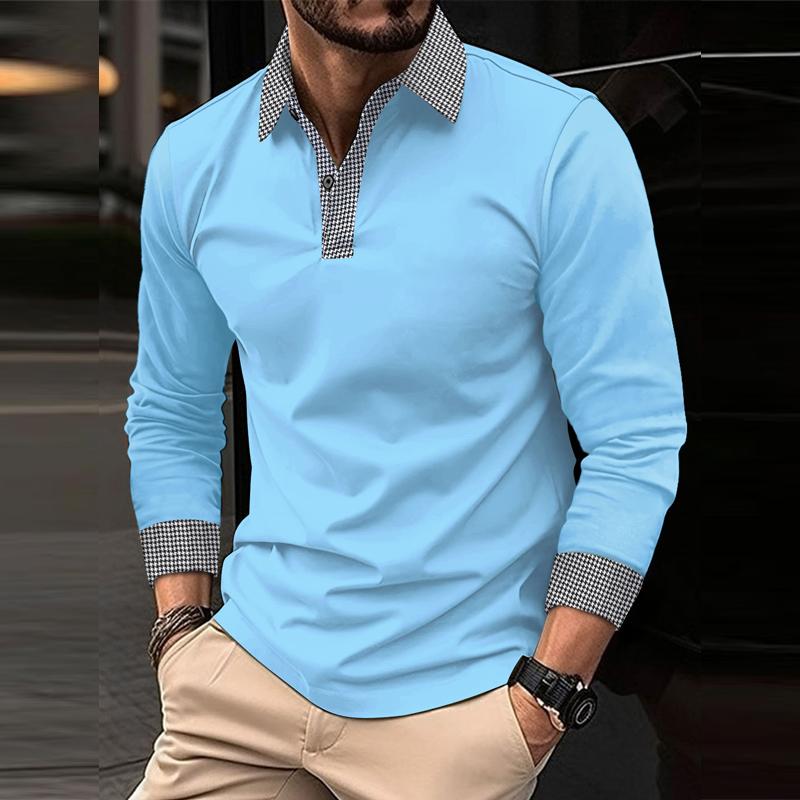 John | Men's Casual Plaid Patchwork Long-Sleeved Polo Shirt
