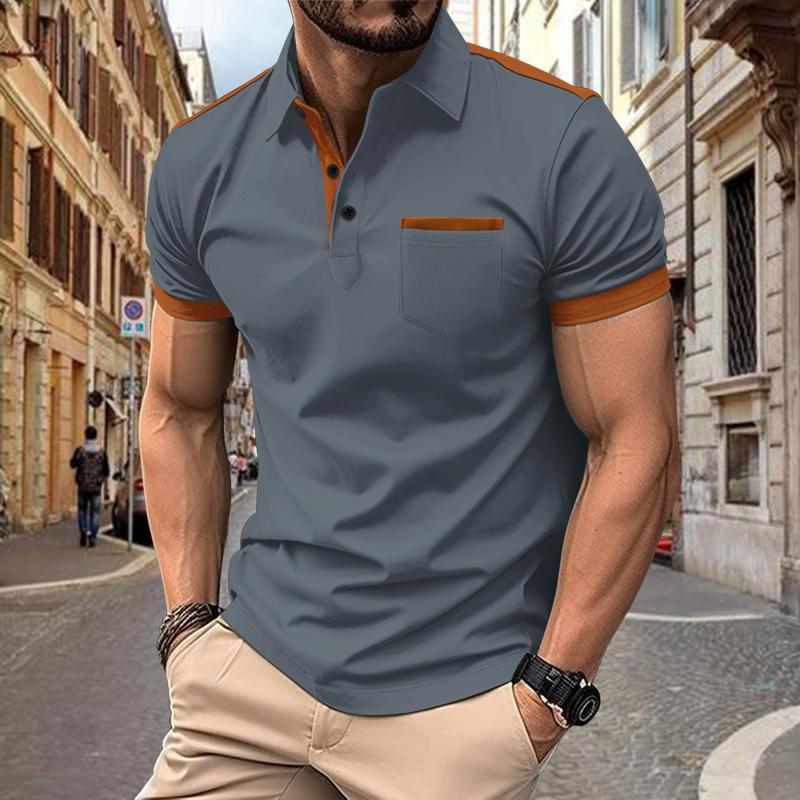 John | Men's Colorblock Chest Pocket Lapel Cotton Blend Short Sleeve Polo Shirt