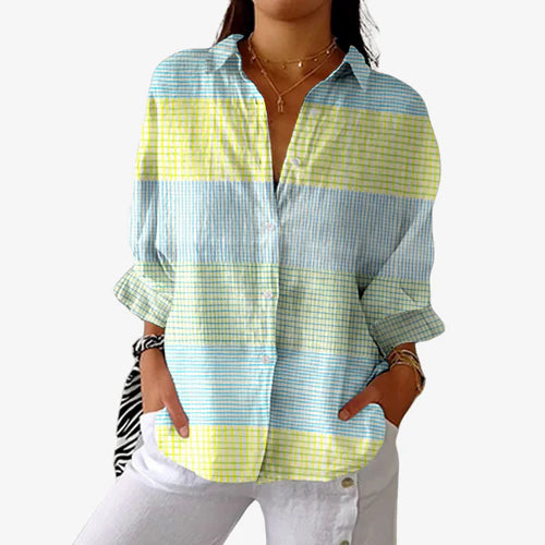 Anna | Pastel Grid Linen-Blend Blouse