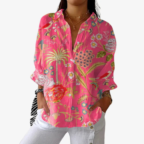 Anna | Tropical  Blossom Linen-Blend Blouse