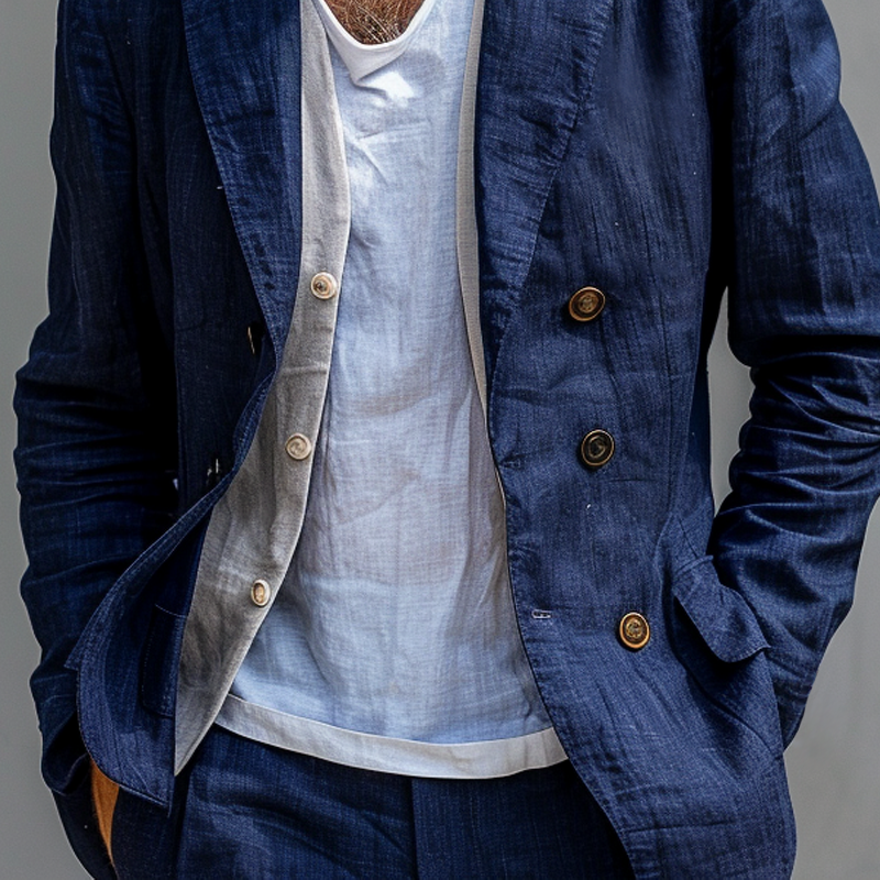 ARMANI | Men's Solid Cotton And Linen Notch Lapel Double Breasted Casual Blazer
