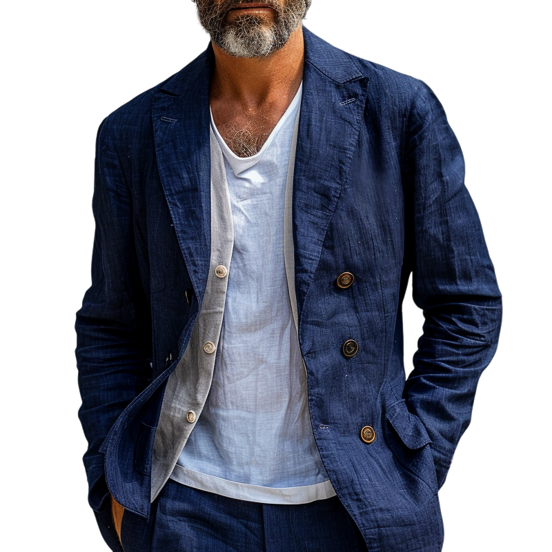ARMANI | Men's Solid Cotton And Linen Notch Lapel Double Breasted Casual Blazer