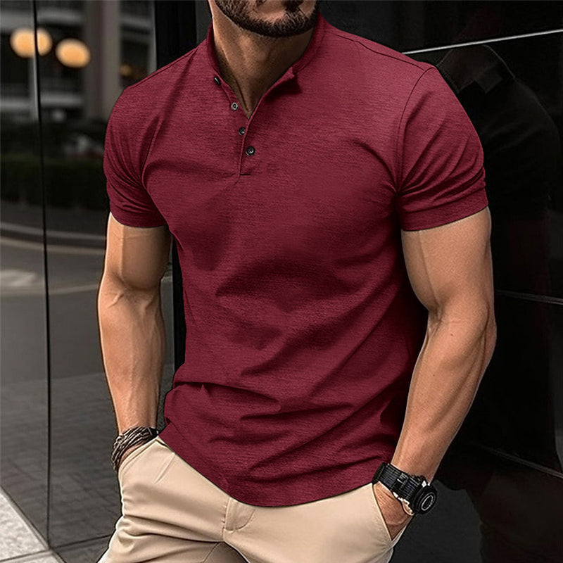 John | Men's Solid Color Button Henley Neck Sports Polo Shirt