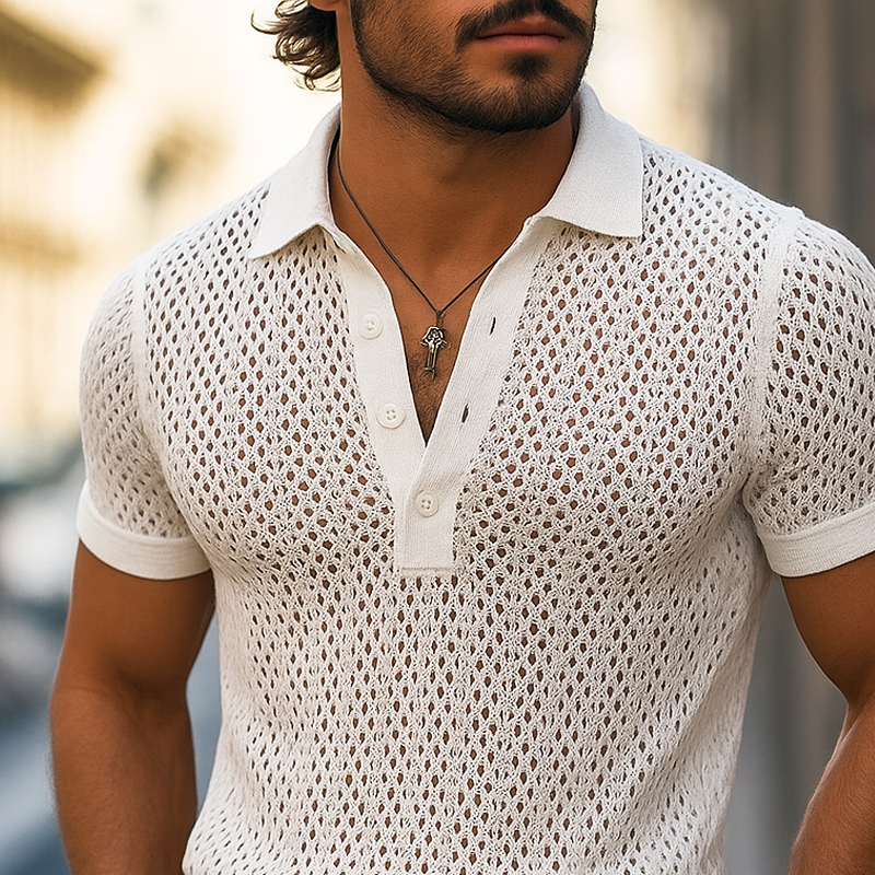 John | Men's Solid Hollow Out Plaid Knit Lapel Short Sleeve Polo Shirt
