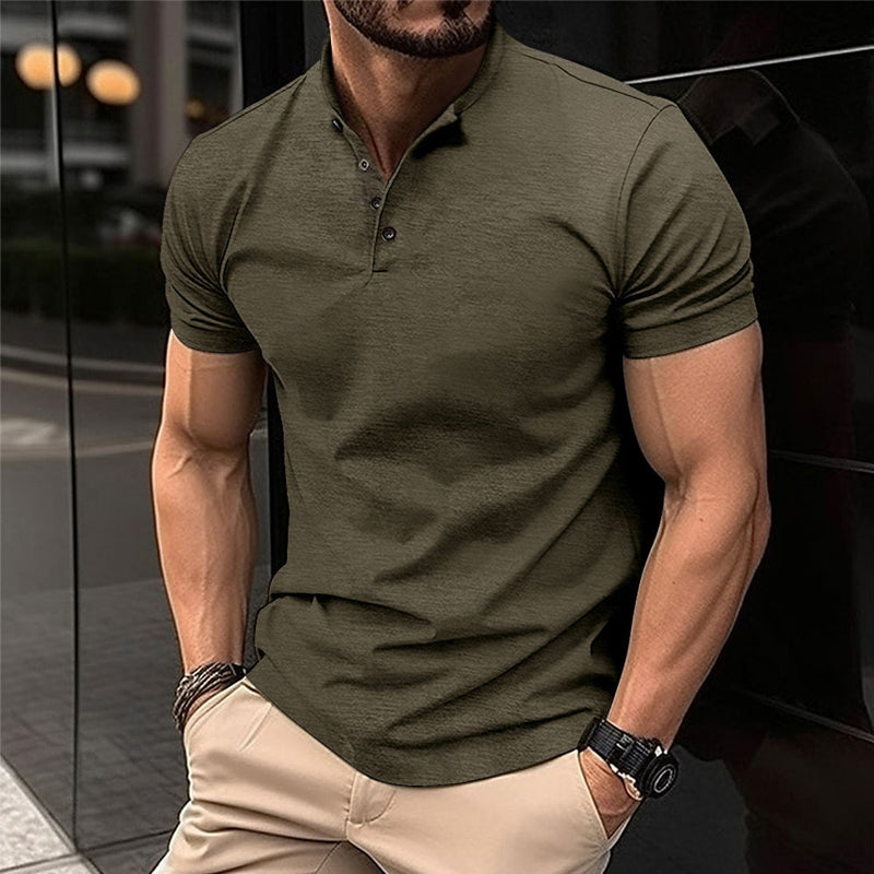 John | Men's Solid Color Button Henley Neck Sports Polo Shirt