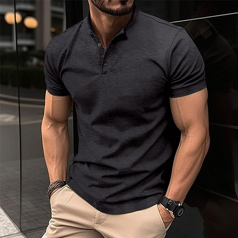 John | Men's Solid Color Button Henley Neck Sports Polo Shirt