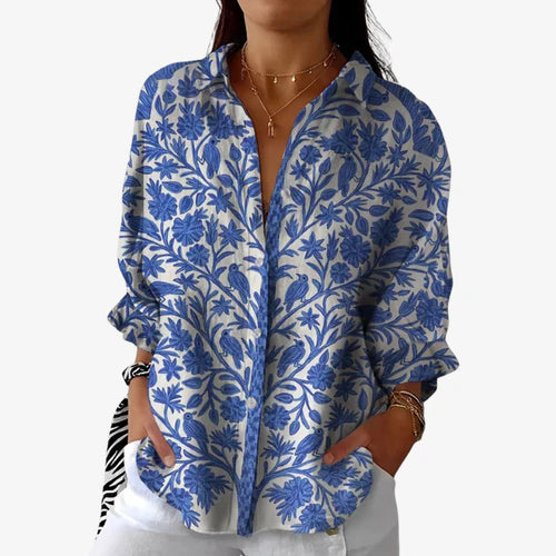 Anna | Blue Garden Linen-Blend Blouse