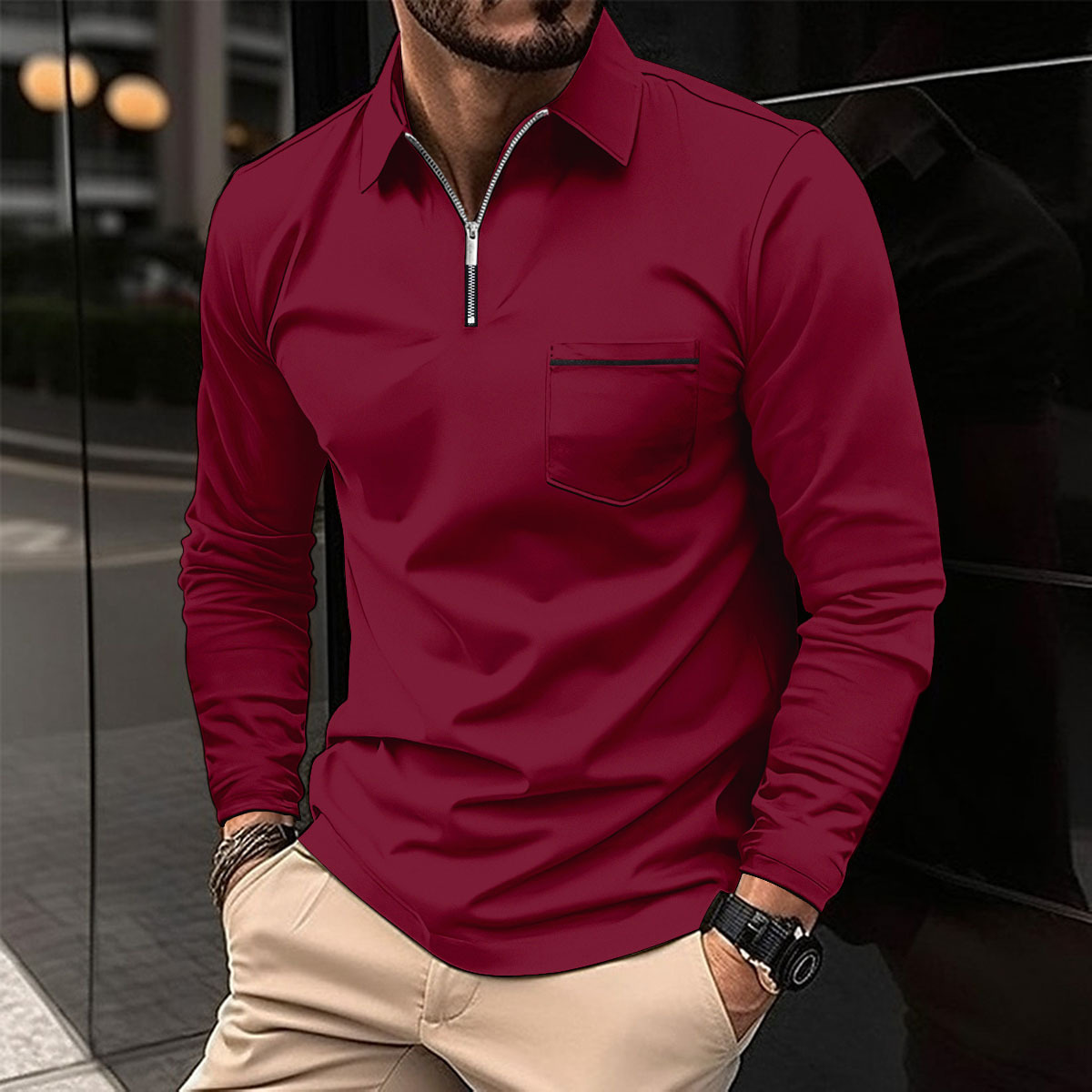 John | Men's Solid Zipper Lapel Breast Pocket Long Sleeve Polo Shirt
