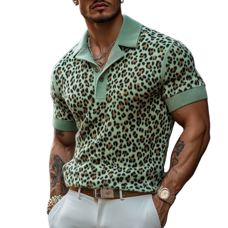 John | Men's Fashion Leopard Print Knitted Short-sleeved Polo Shirt
