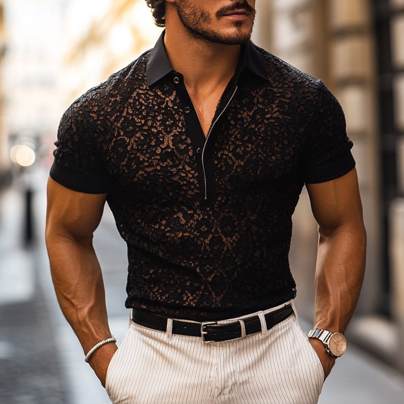 John | Men's Fashion Lace Lapel Short Sleeve Casual Polo Shirt