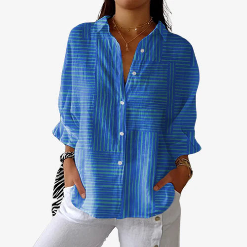 Anna | Azure Stripe Linen-Blend Blouse