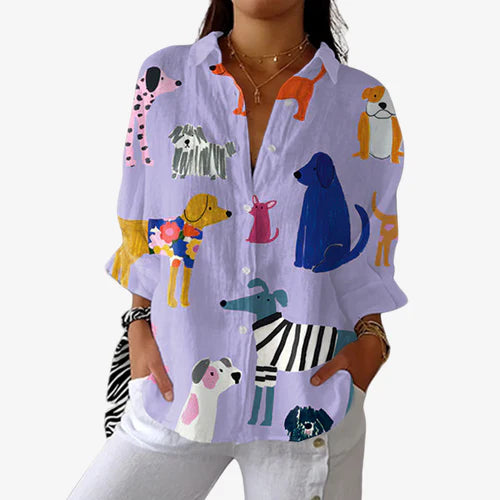 Anna | Playful Dogs Linen-Blend Blouse