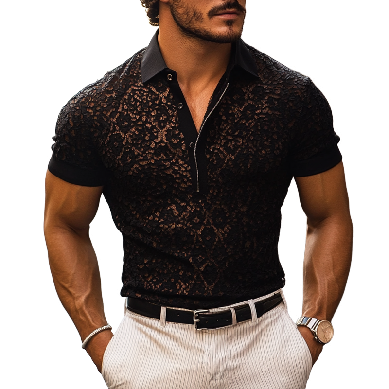 John | Men's Fashion Lace Lapel Short Sleeve Casual Polo Shirt