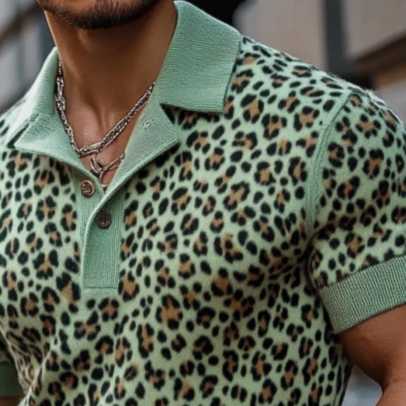 John | Men's Fashion Leopard Print Knitted Short-sleeved Polo Shirt