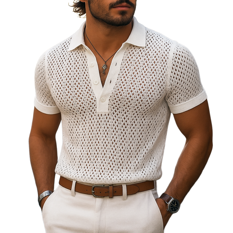 John | Men's Solid Hollow Out Plaid Knit Lapel Short Sleeve Polo Shirt