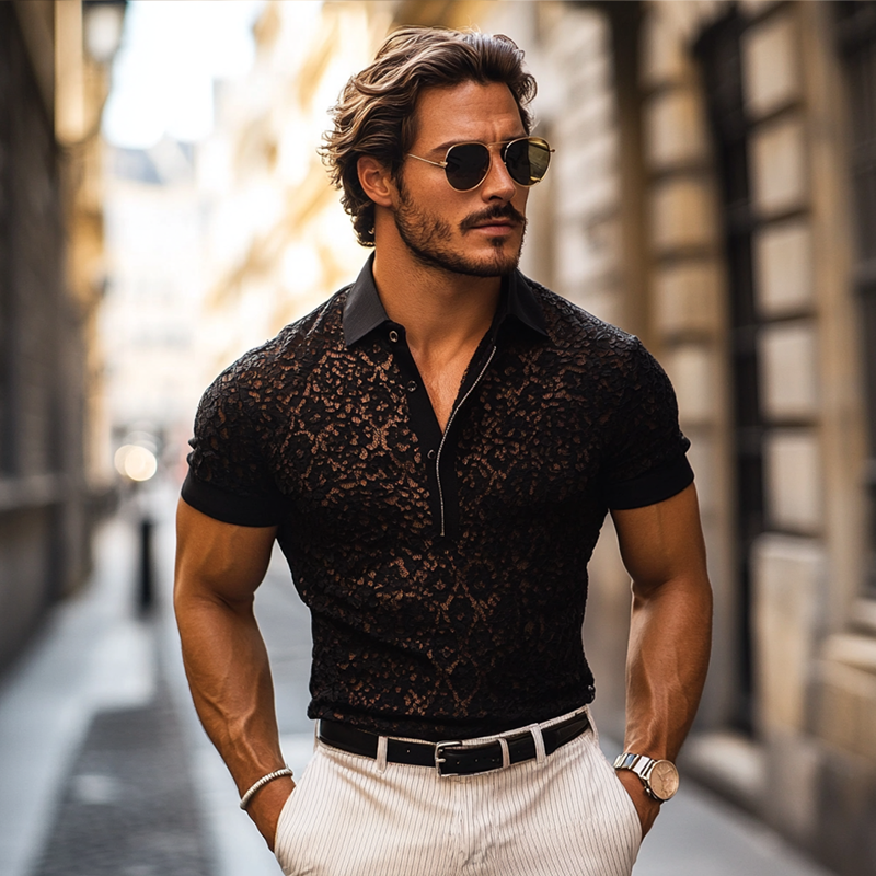 John | Men's Fashion Lace Lapel Short Sleeve Casual Polo Shirt