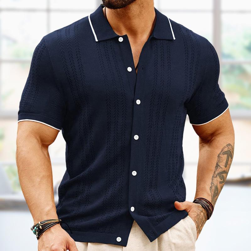 John | Men's Lapel Contrast Color Single-Breasted Sweater Polo Shirt