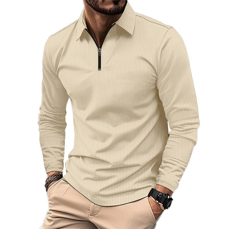 John | Men's Casual Waffle Zipper Long Sleeve Polo Shirt