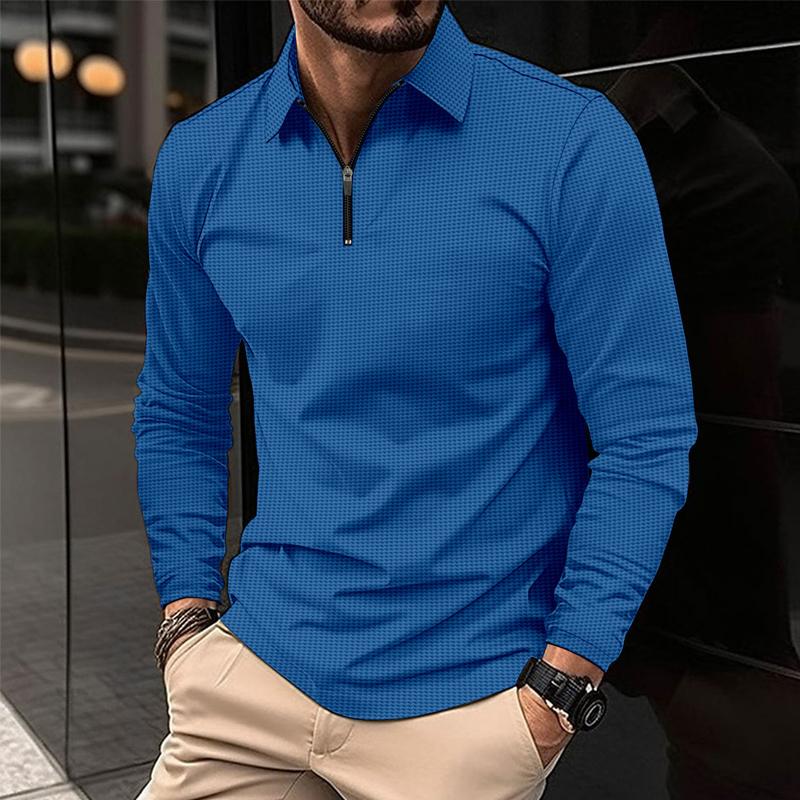 John | Men's Casual Waffle Zipper Long Sleeve Polo Shirt