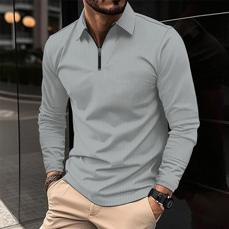 John | Men's Casual Waffle Zipper Long Sleeve Polo Shirt