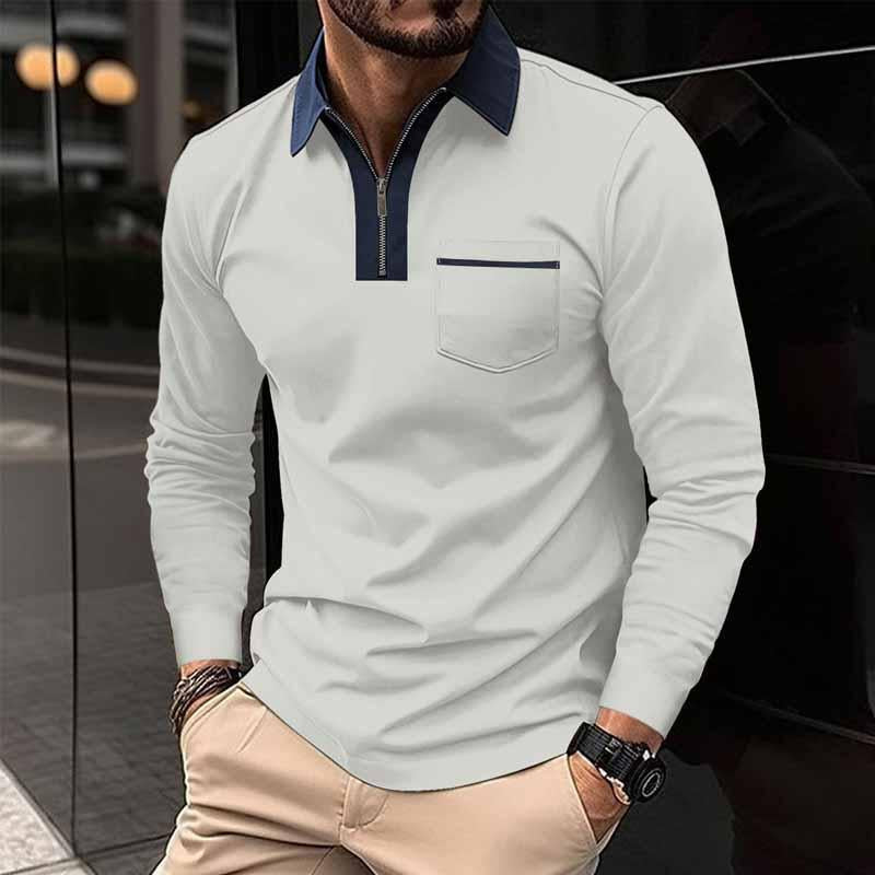 John | Men's Color Block Pocket Long Sleeve POLO Shirt