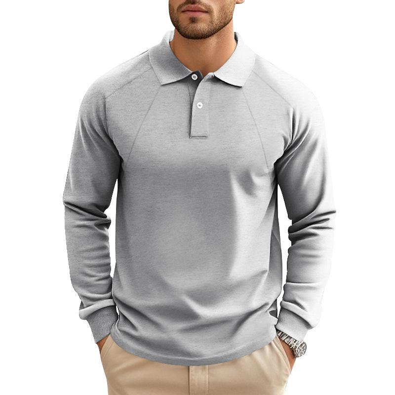 John | Men's Casual Solid Color Lapel Raglan Long Sleeve Polo Shirt