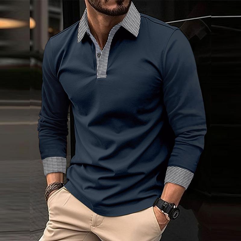 John | Men's Casual Plaid Patchwork Long-Sleeved Polo Shirt