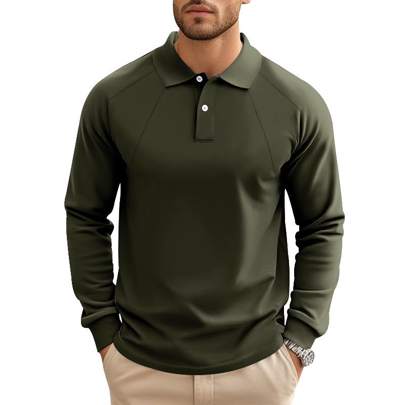 John | Men's Casual Solid Color Lapel Raglan Long Sleeve Polo Shirt