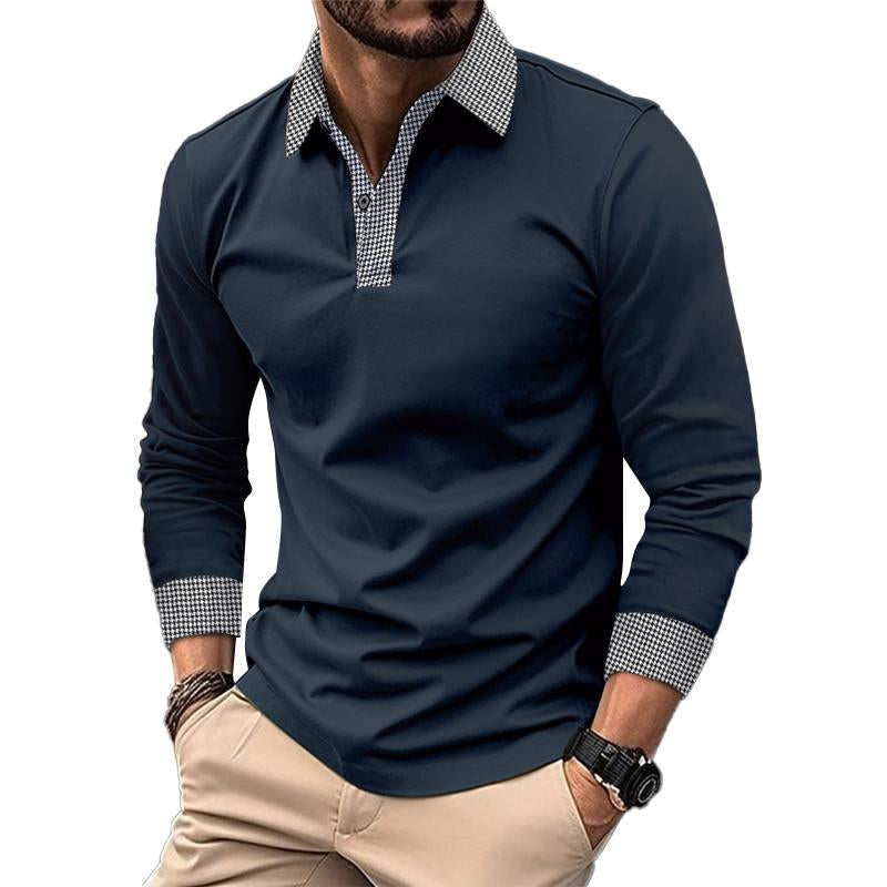 John | Men's Casual Plaid Patchwork Long-Sleeved Polo Shirt