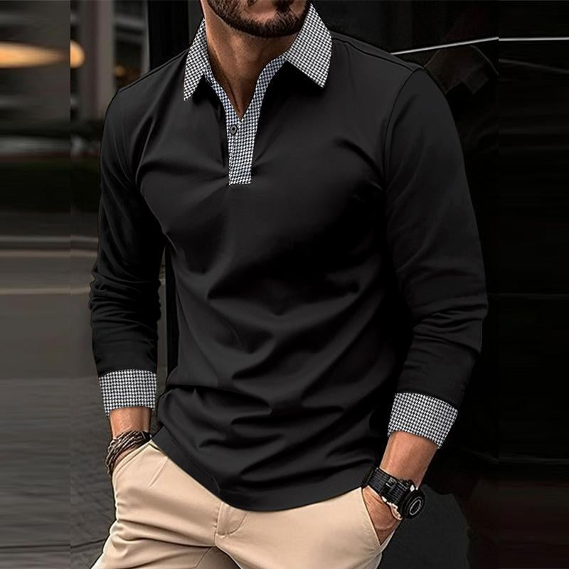 John | Men's Casual Plaid Patchwork Long-Sleeved Polo Shirt