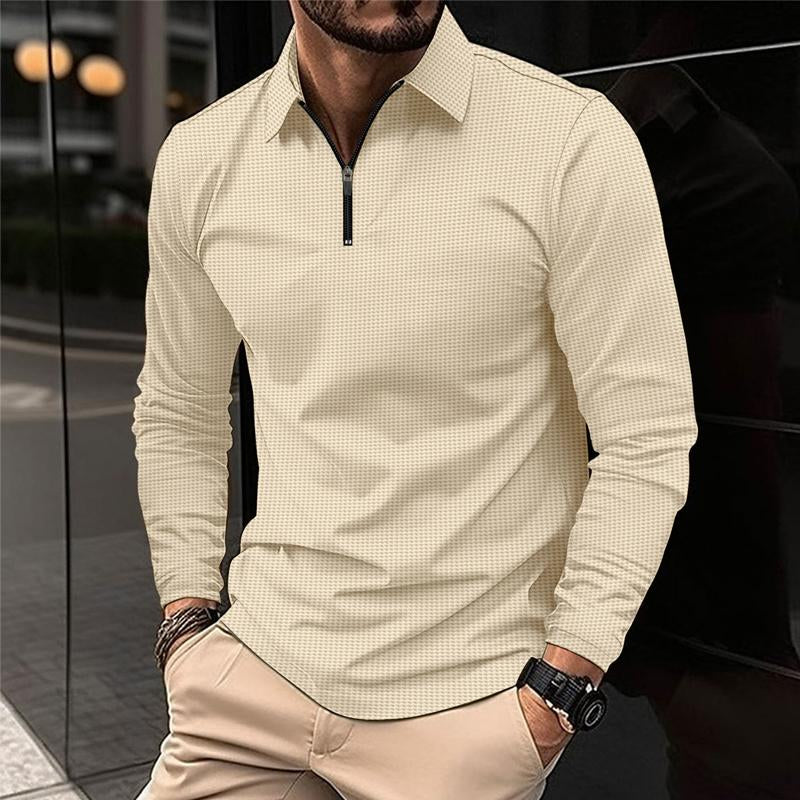 John | Men's Casual Waffle Zipper Long Sleeve Polo Shirt