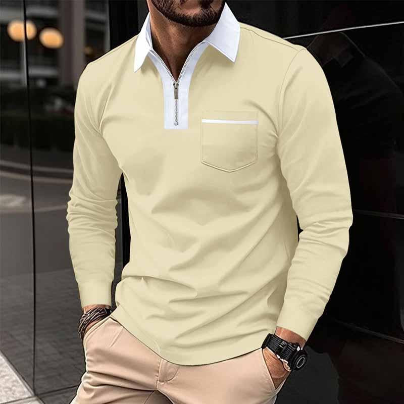 John | Men's Color Block Pocket Long Sleeve POLO Shirt