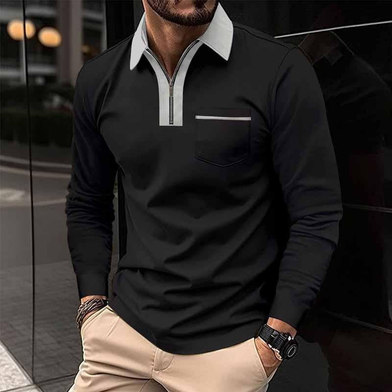 John | Men's Color Block Pocket Long Sleeve POLO Shirt
