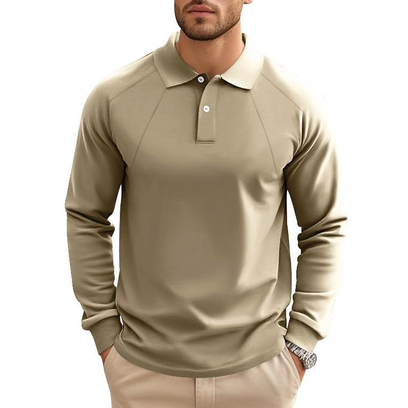 John | Men's Casual Solid Color Lapel Raglan Long Sleeve Polo Shirt