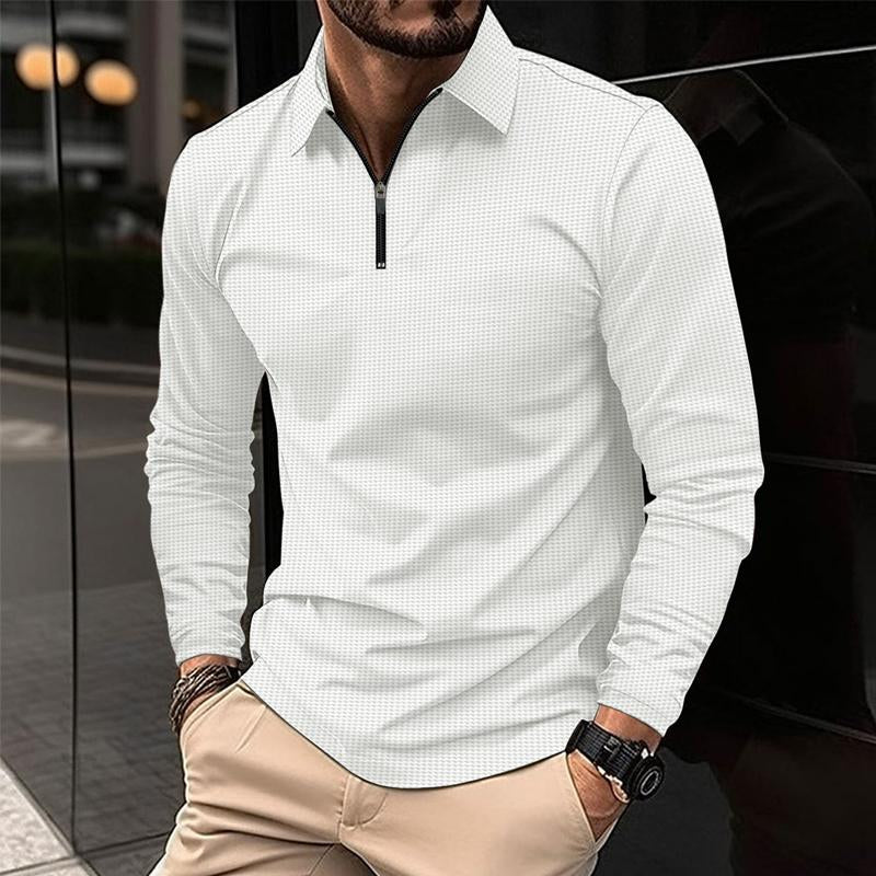 John | Men's Casual Waffle Zipper Long Sleeve Polo Shirt
