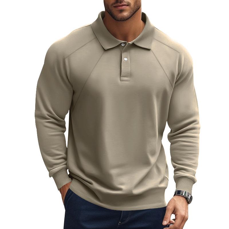 John | Men's Casual Solid Color Lapel Raglan Long Sleeve Polo Shirt
